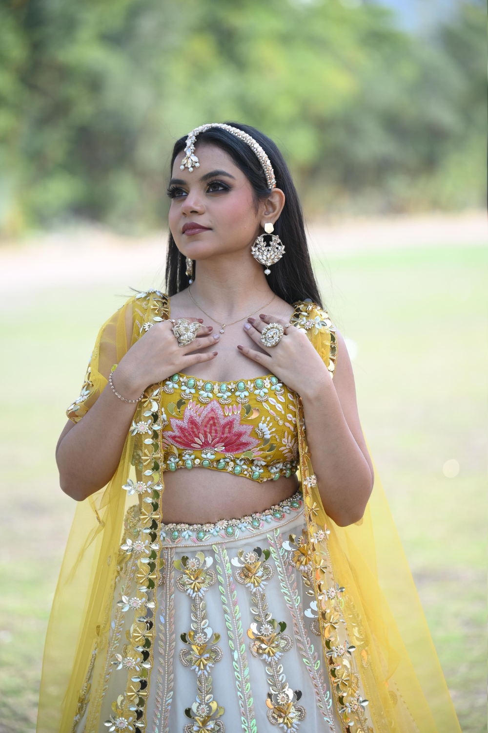 White & yellow lehenga choli with sequins and pearl work