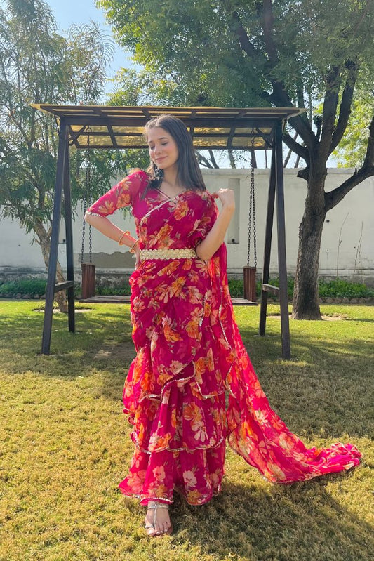 Kiara Pink Chiffon Floral Print Festive Draped Saree