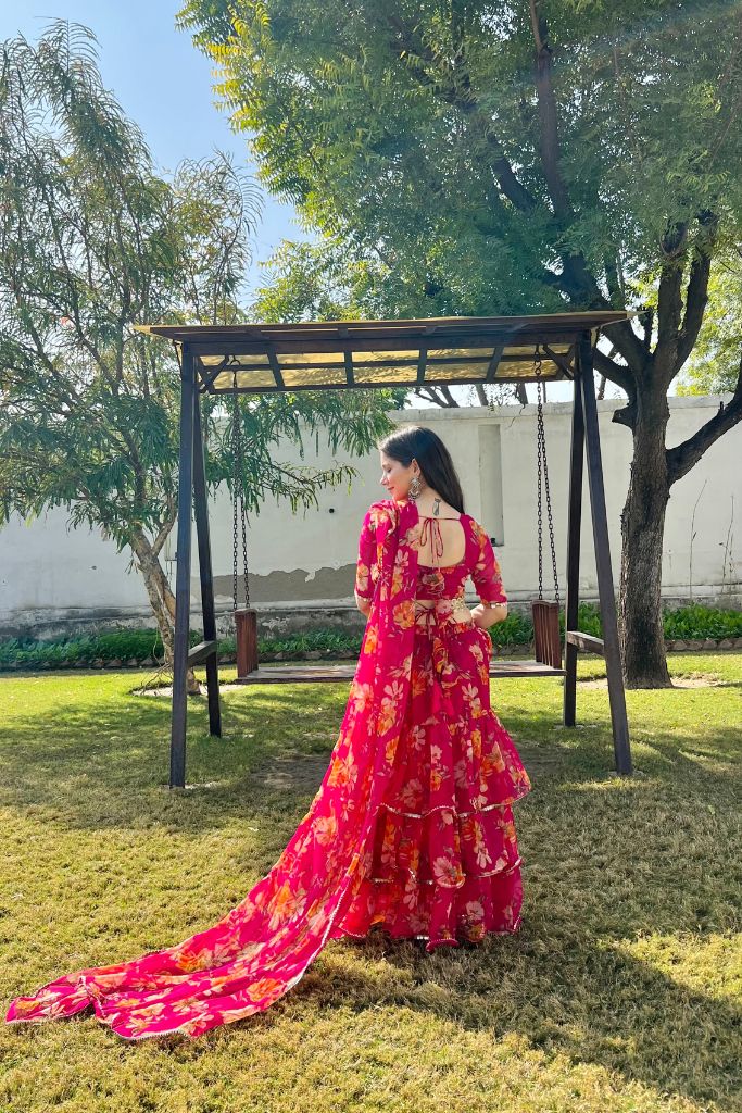 Kiara Pink Chiffon Floral Print Festive Draped Saree