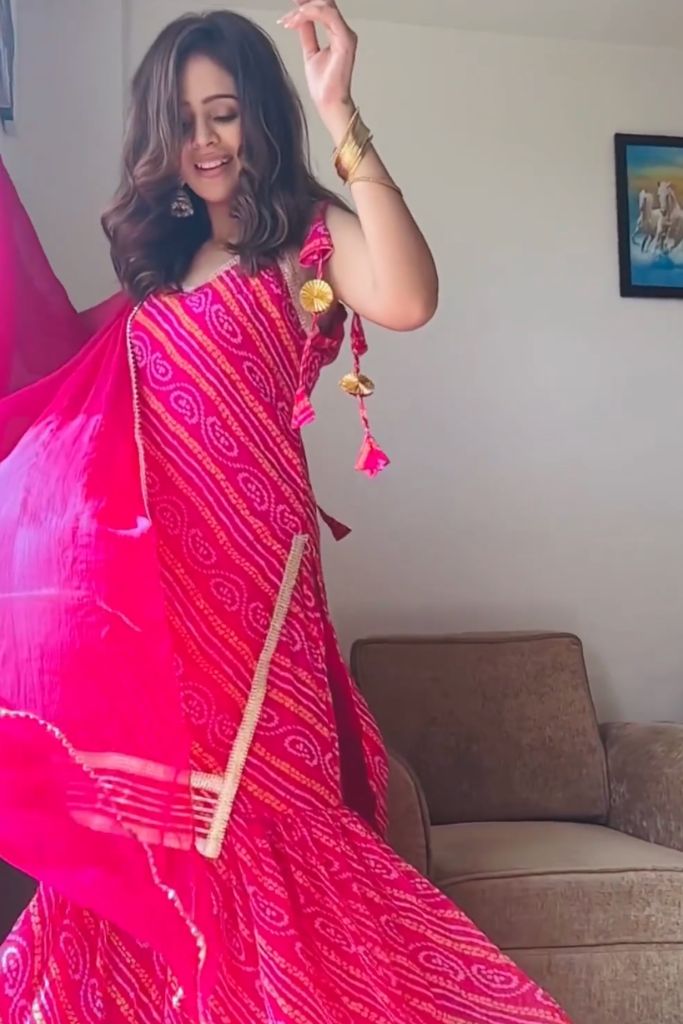 Jannat Pink Chiffon Bandhani Festive Sharara Set