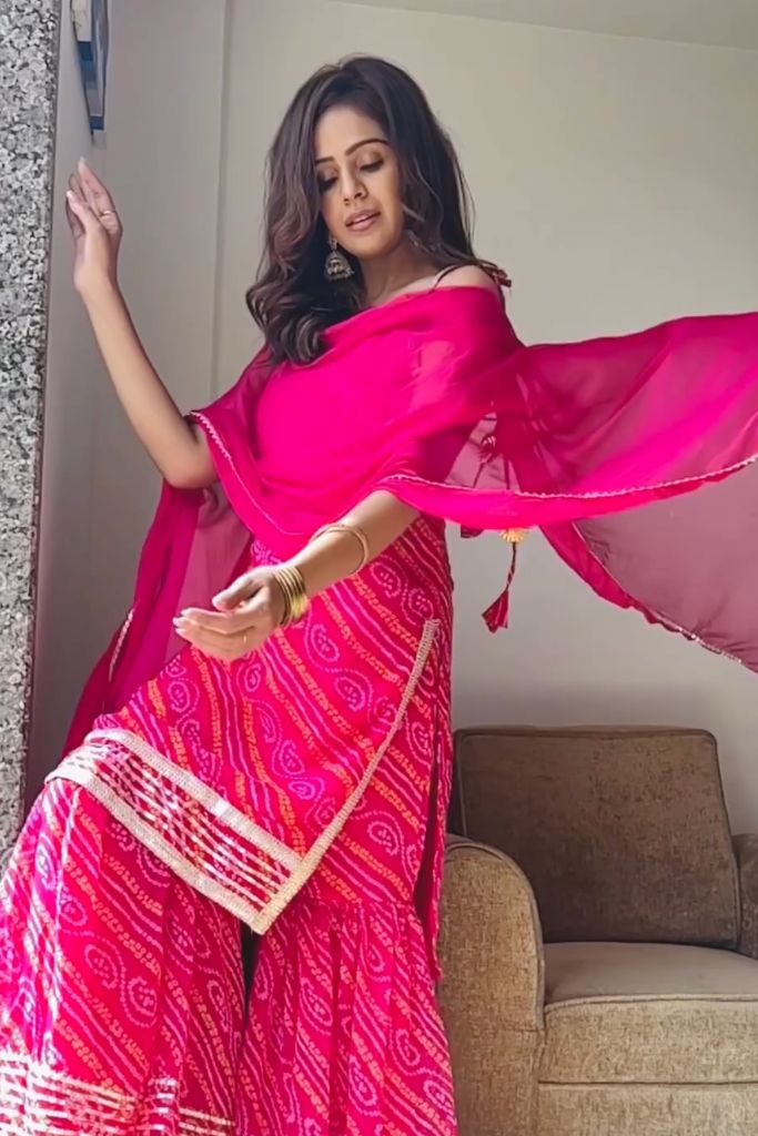 Jannat Pink Chiffon Bandhani Festive Sharara Set