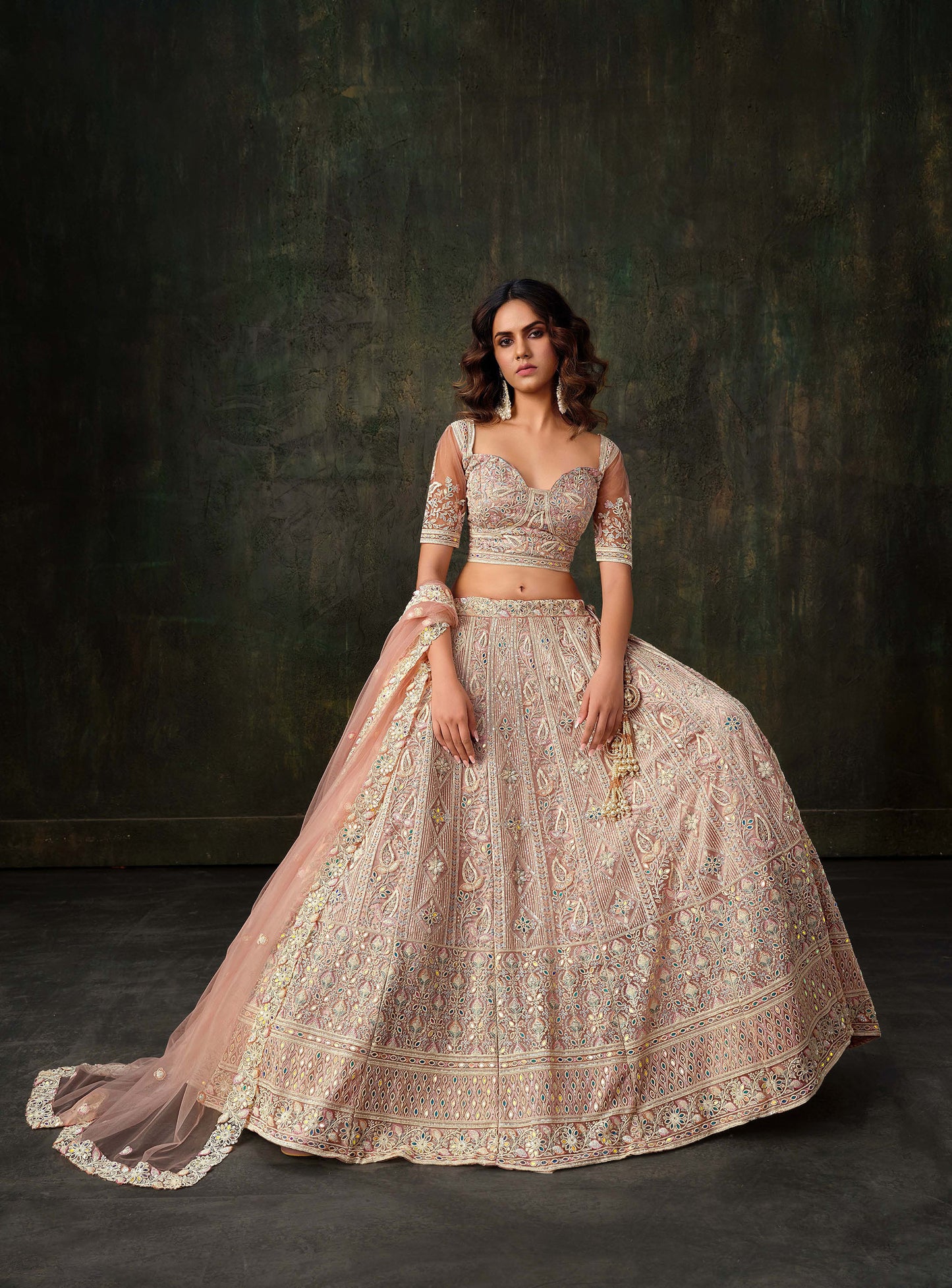 Baby Pink Heavy Hand Work & Cutwork Net Sangeet Lehenga for Bridesmaid
