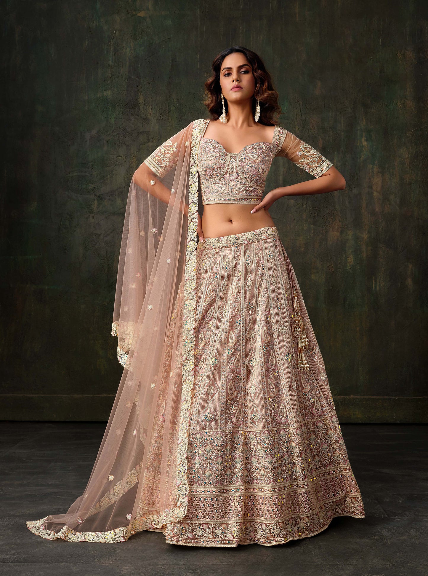 Baby Pink Heavy Hand Work & Cutwork Net Sangeet Lehenga for Bridesmaid