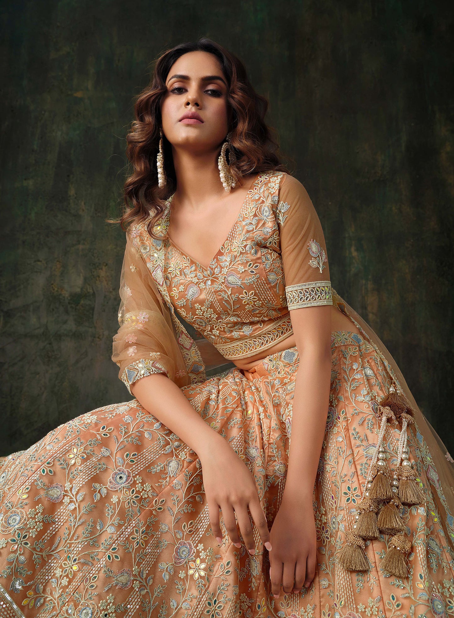 Peach Heavy Hand Work & Cutwork Net Sangeet Lehenga for Bridesmaid