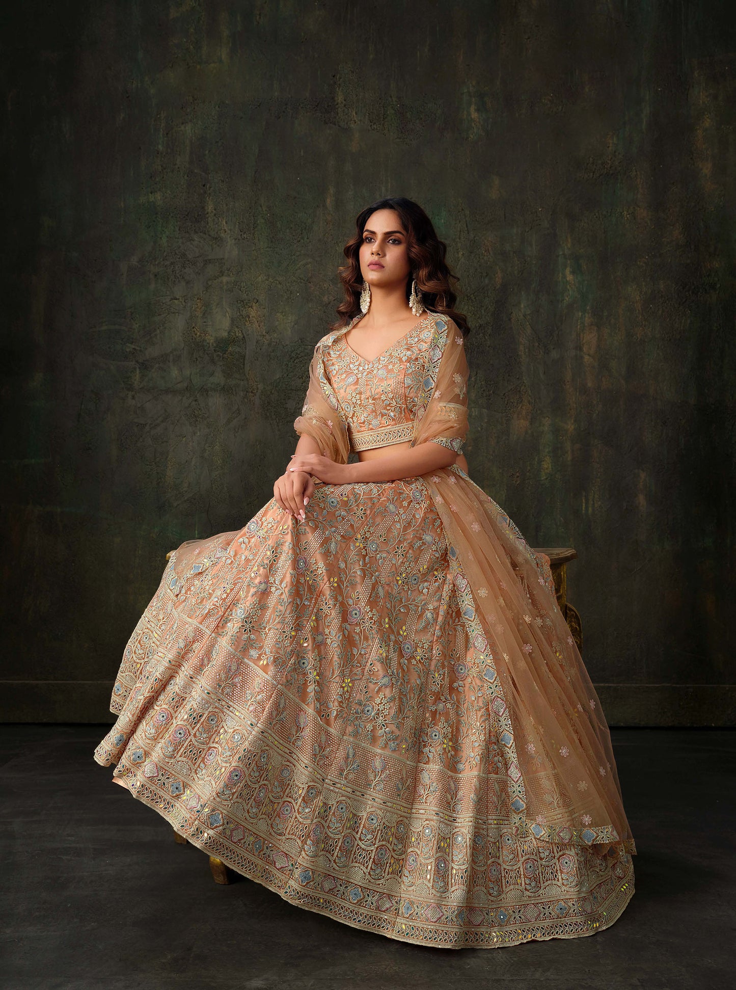 Peach Heavy Hand Work & Cutwork Net Sangeet Lehenga for Bridesmaid