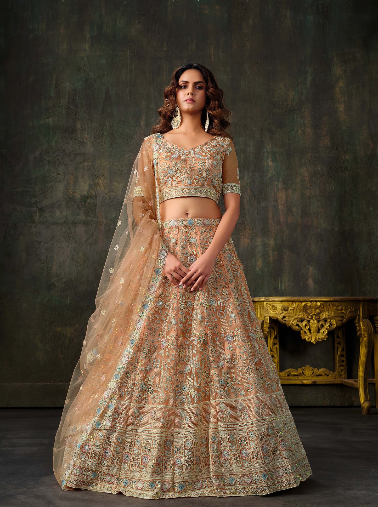 Peach Heavy Hand Work & Cutwork Net Sangeet Lehenga for Bridesmaid