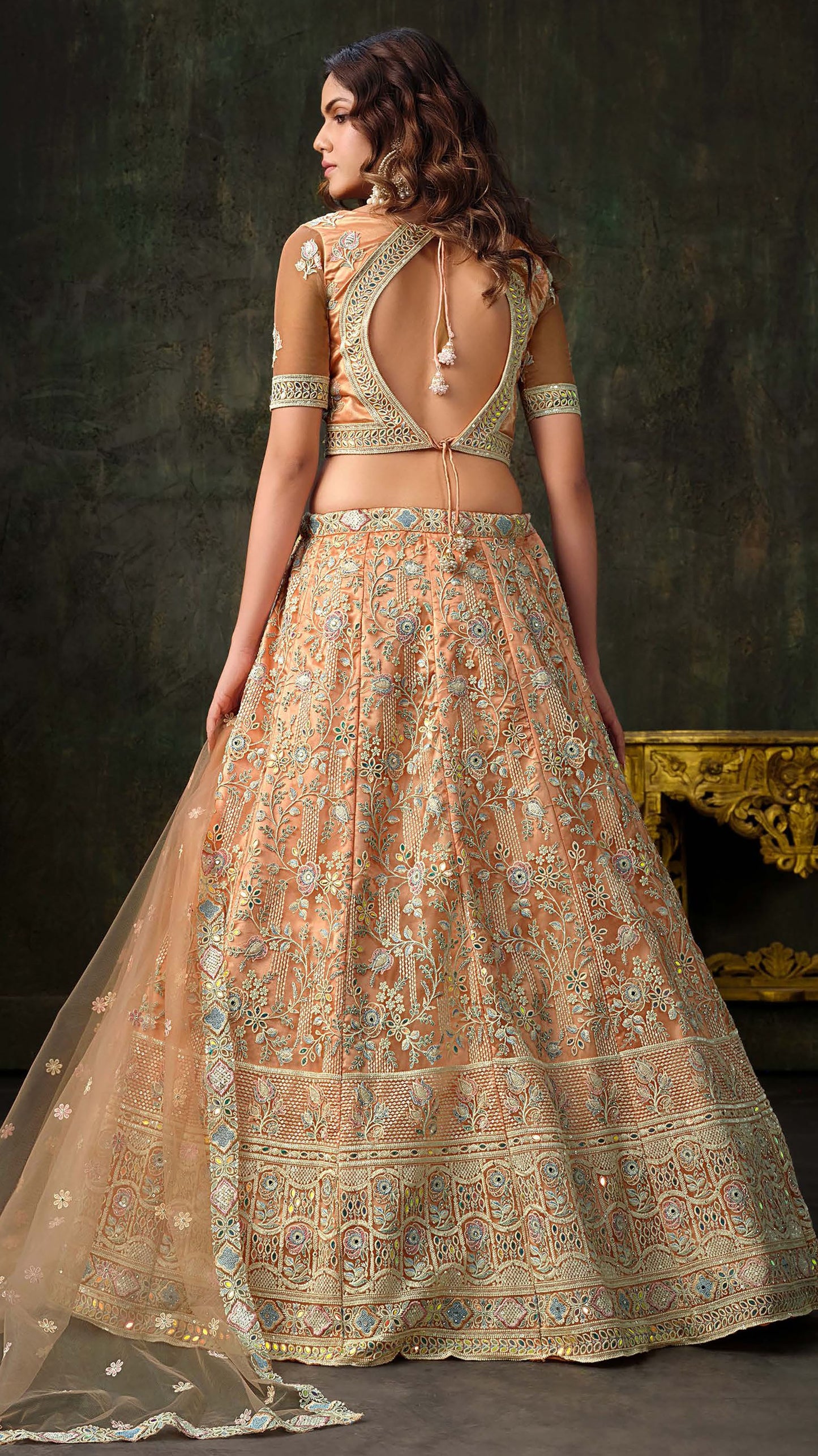 Peach Heavy Hand Work & Cutwork Net Sangeet Lehenga for Bridesmaid