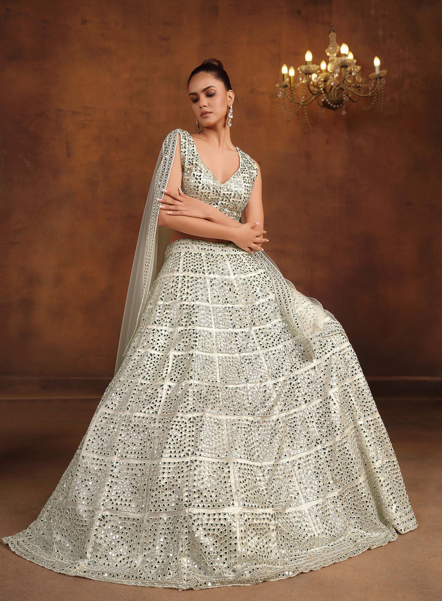 Off White Heavy Hand Work & Cutwork Net Bridesmaid Lehenga