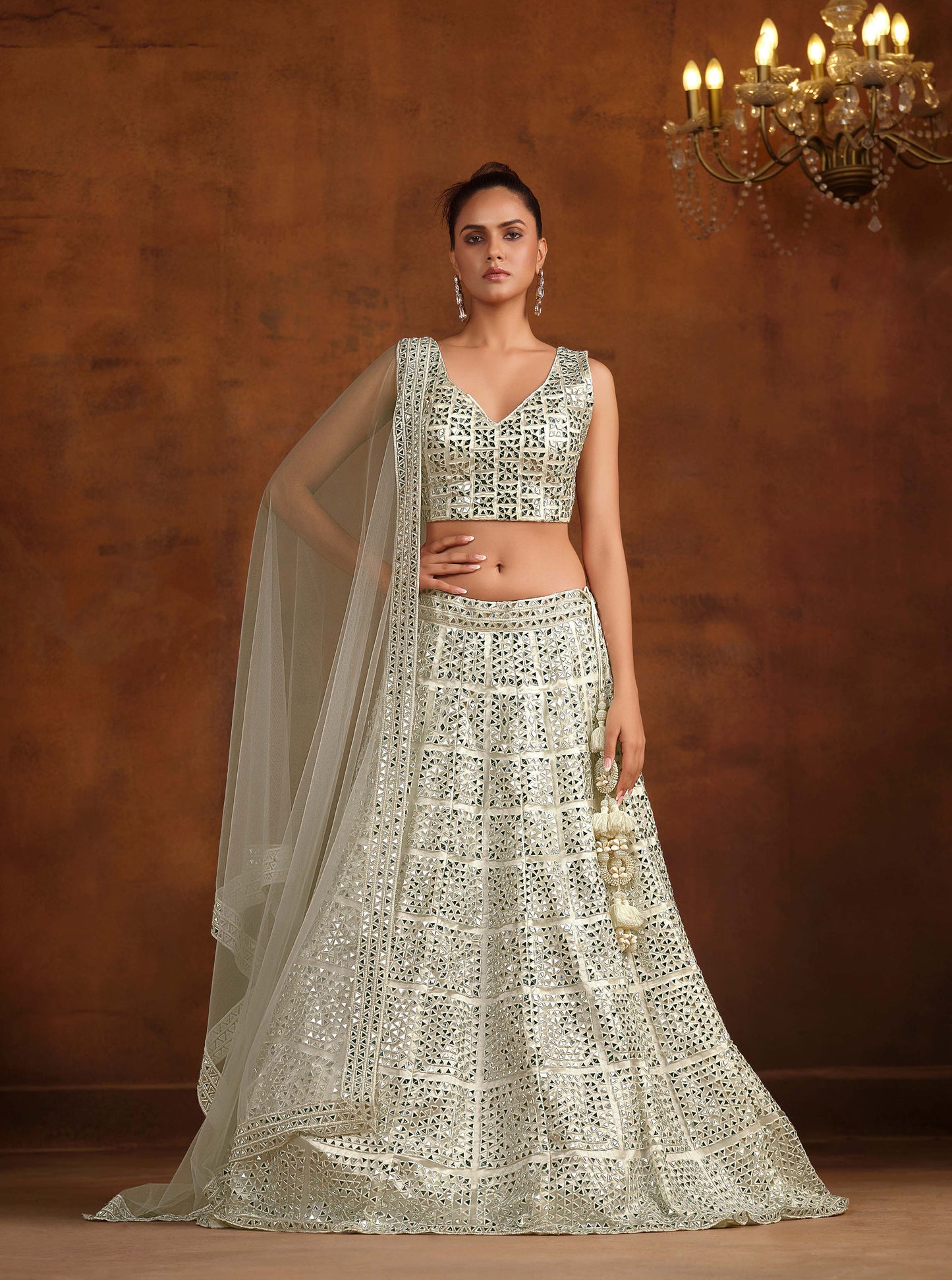 Off White Heavy Hand Work & Cutwork Net Bridesmaid Lehenga