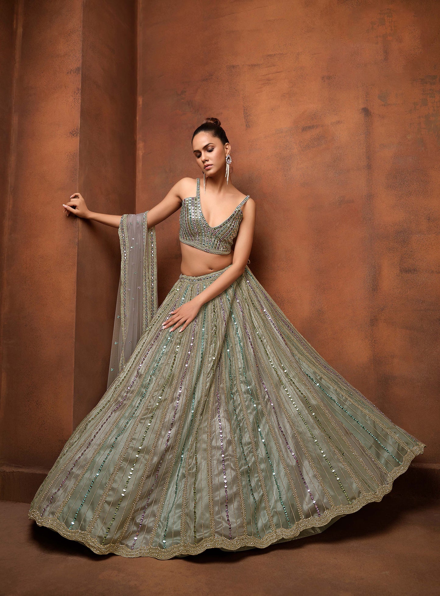 Grey and Green Heavy Hand Work & Cutwork Net Mehendi Lehenga for Bridesmaid