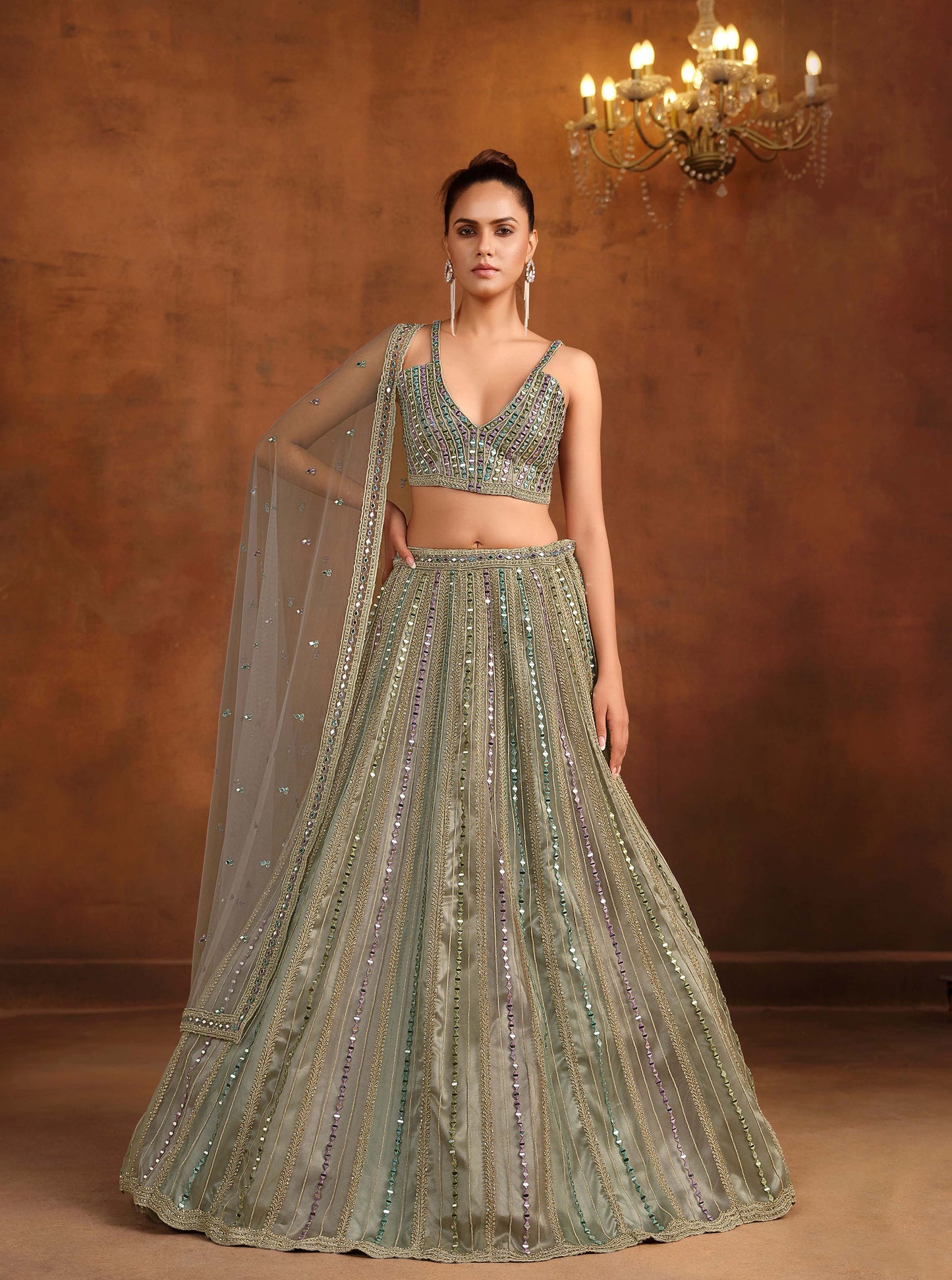 Grey and Green Heavy Hand Work & Cutwork Net Mehendi Lehenga for Bridesmaid
