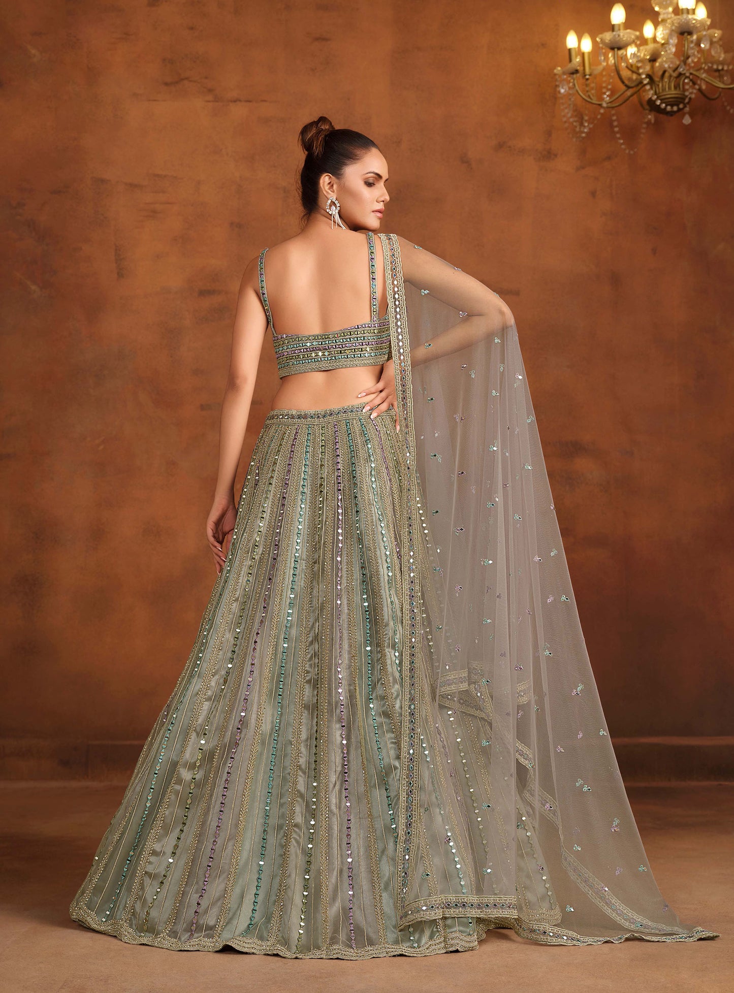 Grey and Green Heavy Hand Work & Cutwork Net Mehendi Lehenga for Bridesmaid