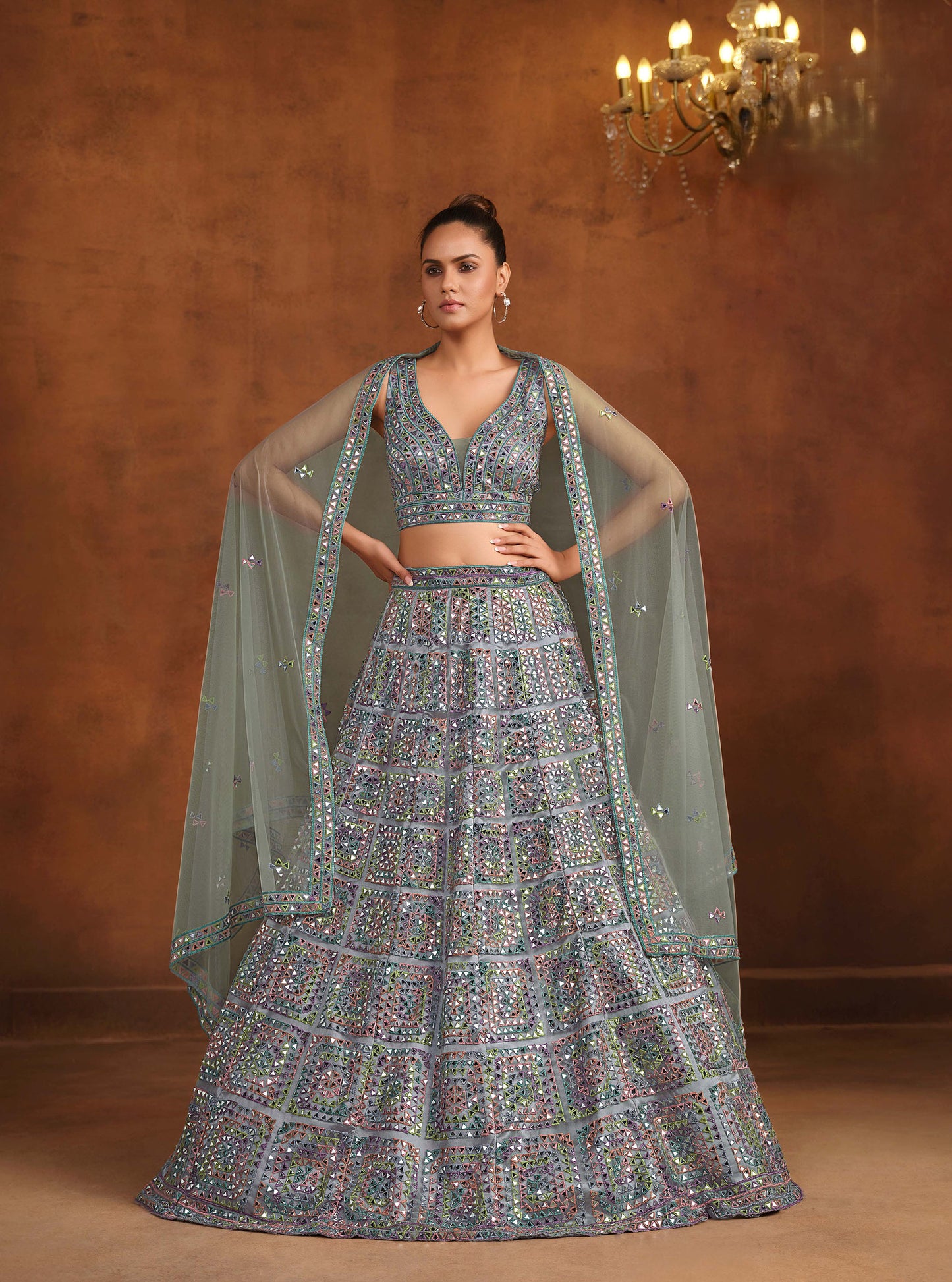 Dusty Blue and Grey Heavy Hand Work & Cutwork Net Bridesmaid Lehenga