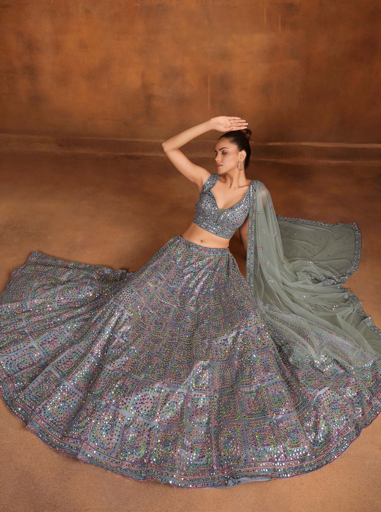 Dusty Blue and Grey Heavy Hand Work & Cutwork Net Bridesmaid Lehenga