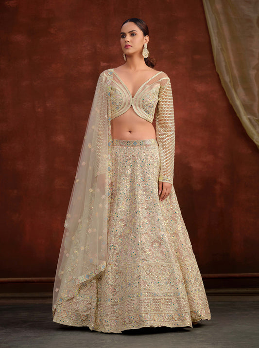 Cream Heavy Hand Work & Cutwork Net Reception Lehenga for Bride