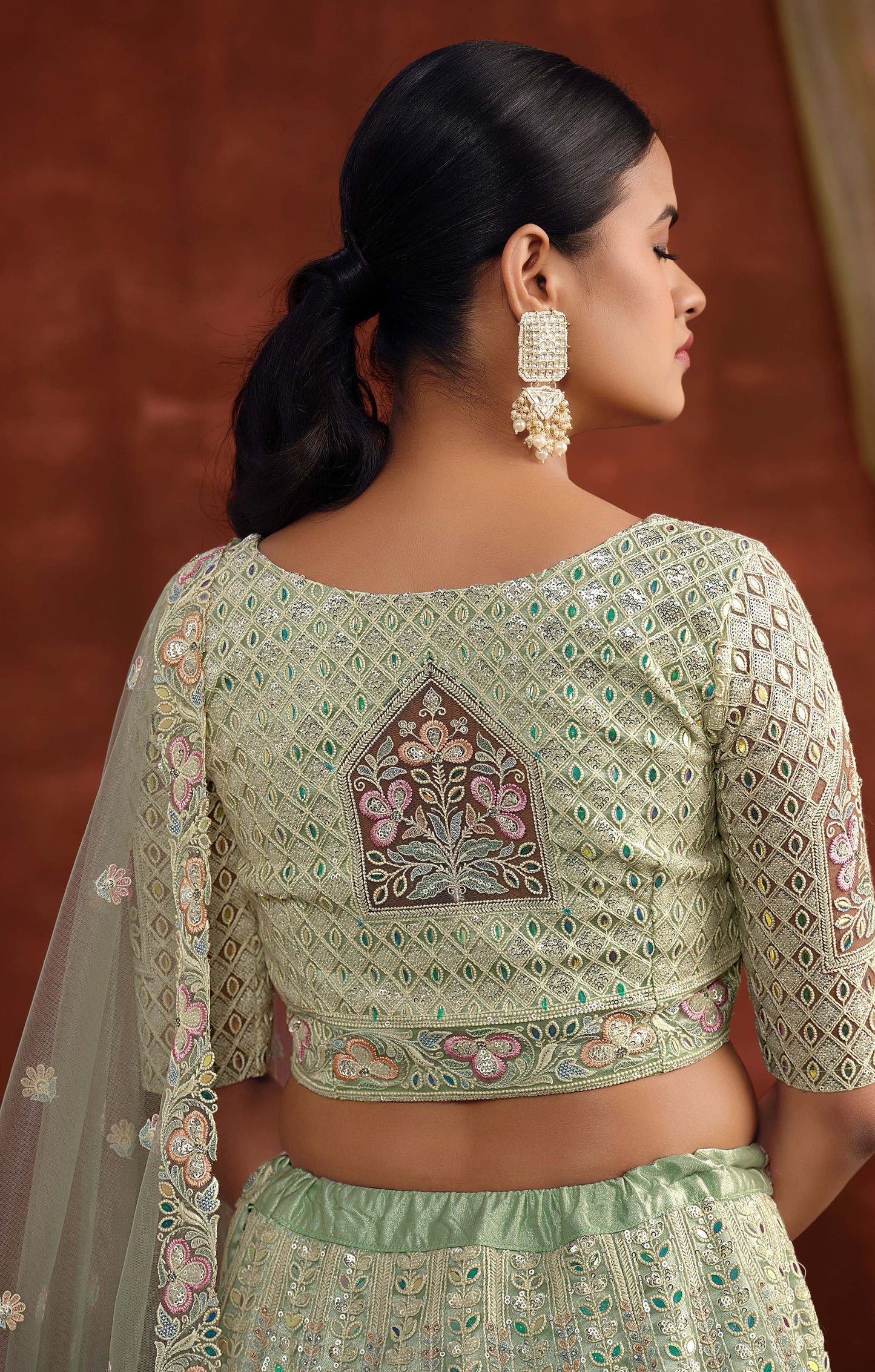 Pista Green Heavy Hand Work & Cutwork Net Mehendi Lehenga