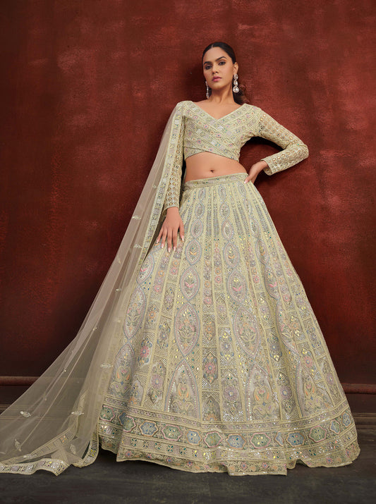 Light Grey Heavy Hand Work & Cutwork Net Bridesmaid Lehenga