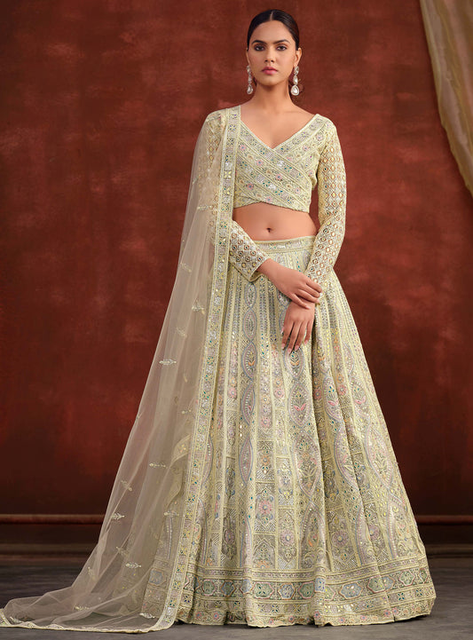 Light Grey Heavy Hand Work & Cutwork Net Bridesmaid Lehenga