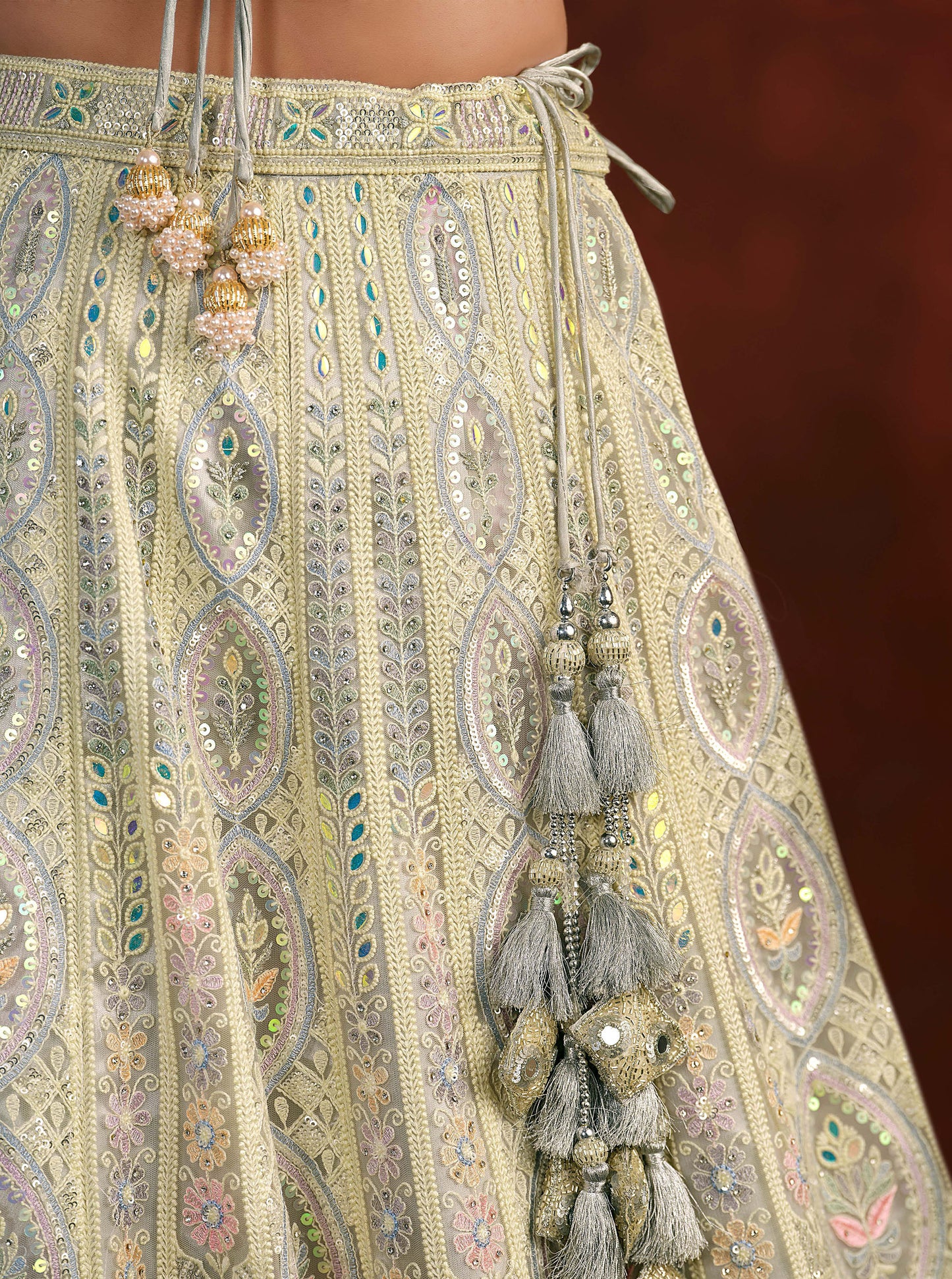 Light Grey Heavy Hand Work & Cutwork Net Bridesmaid Lehenga