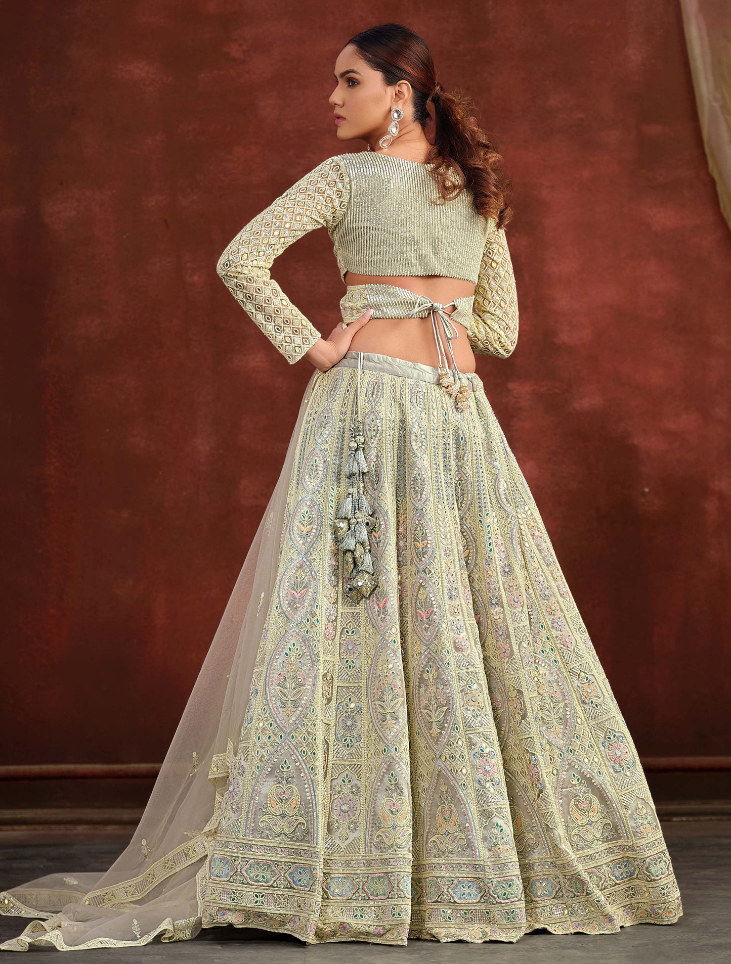 Light Grey Heavy Hand Work & Cutwork Net Bridesmaid Lehenga