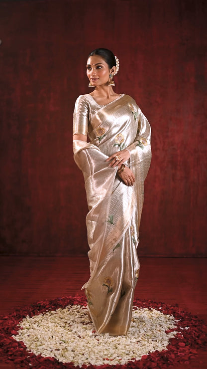 Metallic Gold Floral Tissue Embroidered Saree