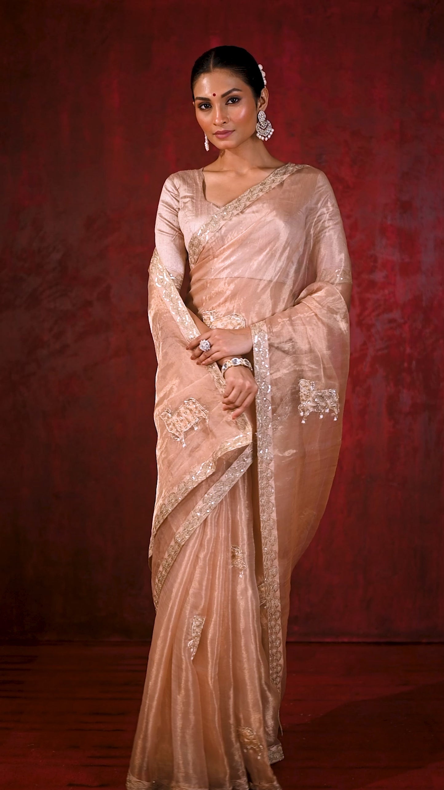 Light Beige Embroidered Tissue Gomatha Saree