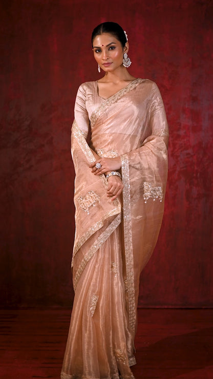 Light Beige Embroidered Tissue Gomatha Saree