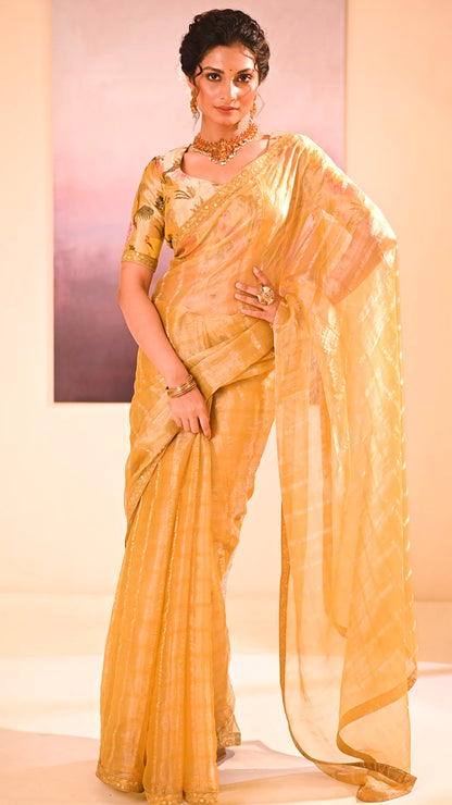 Golden Yellow Embroidered Tissue Saree