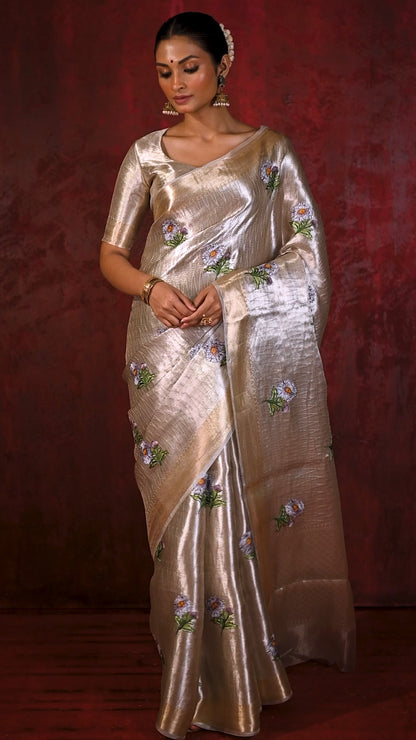Jewel Gold Tissue Embroidered Floral Saree