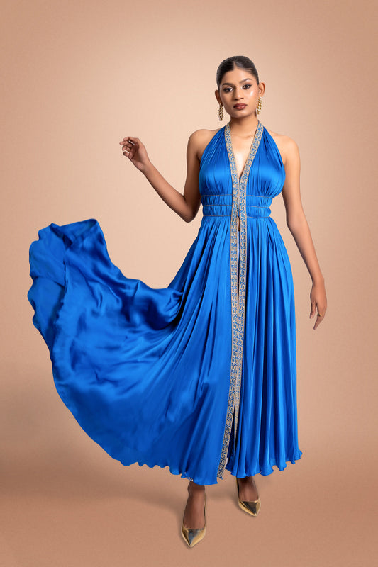 Lexington  Blue Hand Embroidered  Satin Party Wear Cape Dress