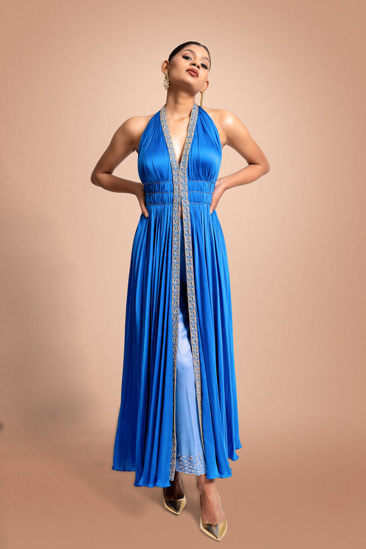 Lexington  Blue Hand Embroidered  Satin Party Wear Cape Dress