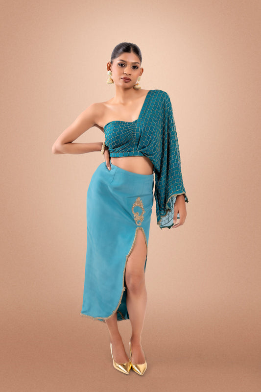 Teal Green Symphony Slit  Cutdana Work Crepe Party Wear Skirt & Blouse