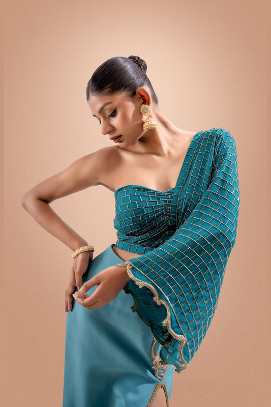 Teal Green Symphony Slit  Cutdana Work Crepe Party Wear Skirt & Blouse