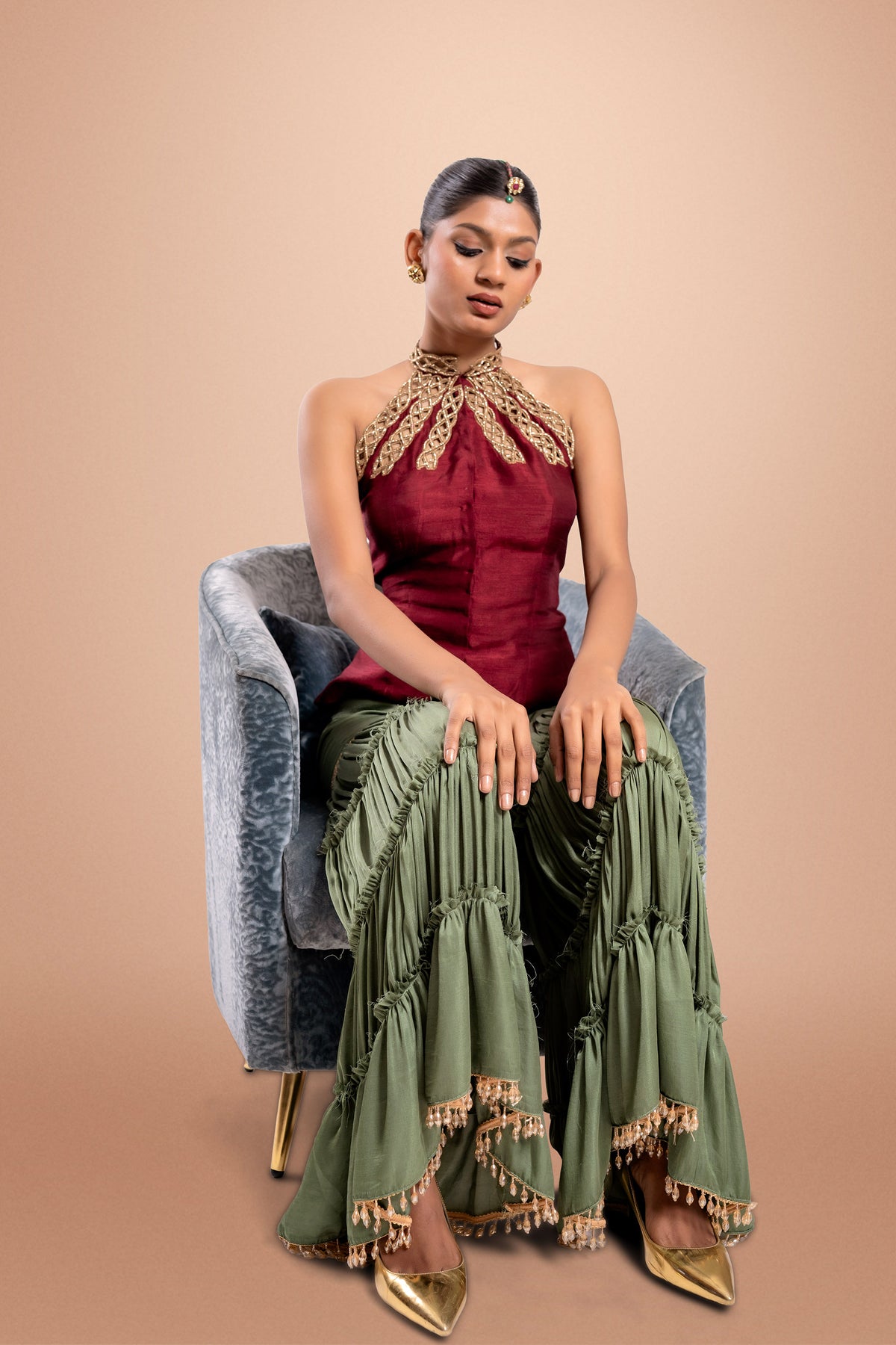 Gramercy Maroon & Green Zardosi Cutwork Gharara Set