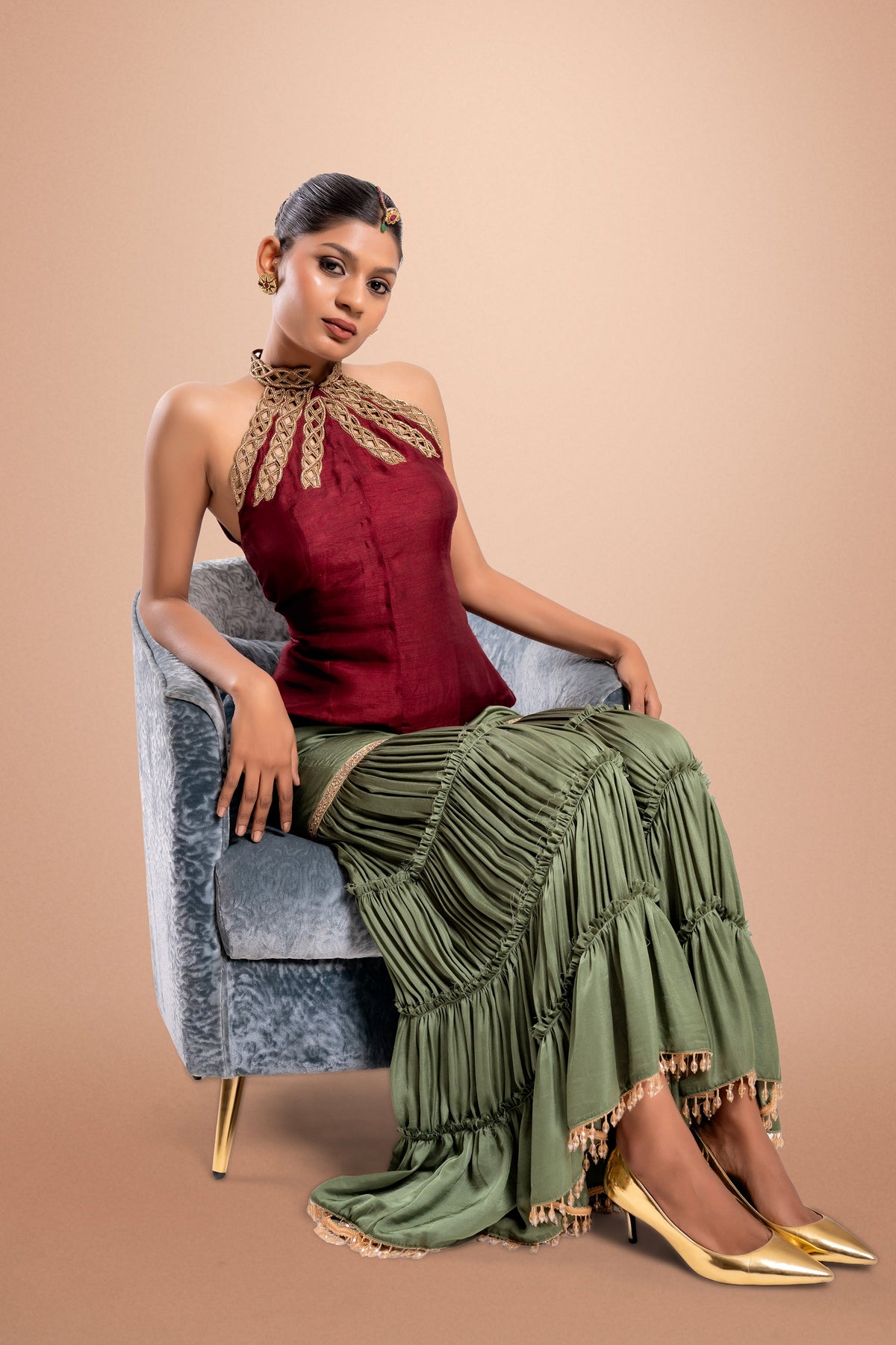 Gramercy Maroon & Green Zardosi Cutwork Gharara Set