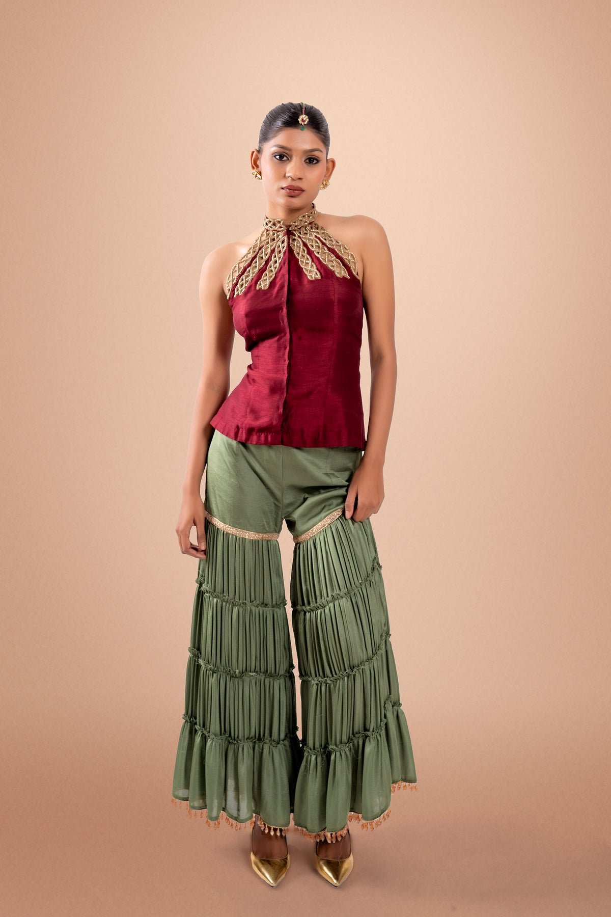 Gramercy Maroon & Green Zardosi Cutwork Gharara Set