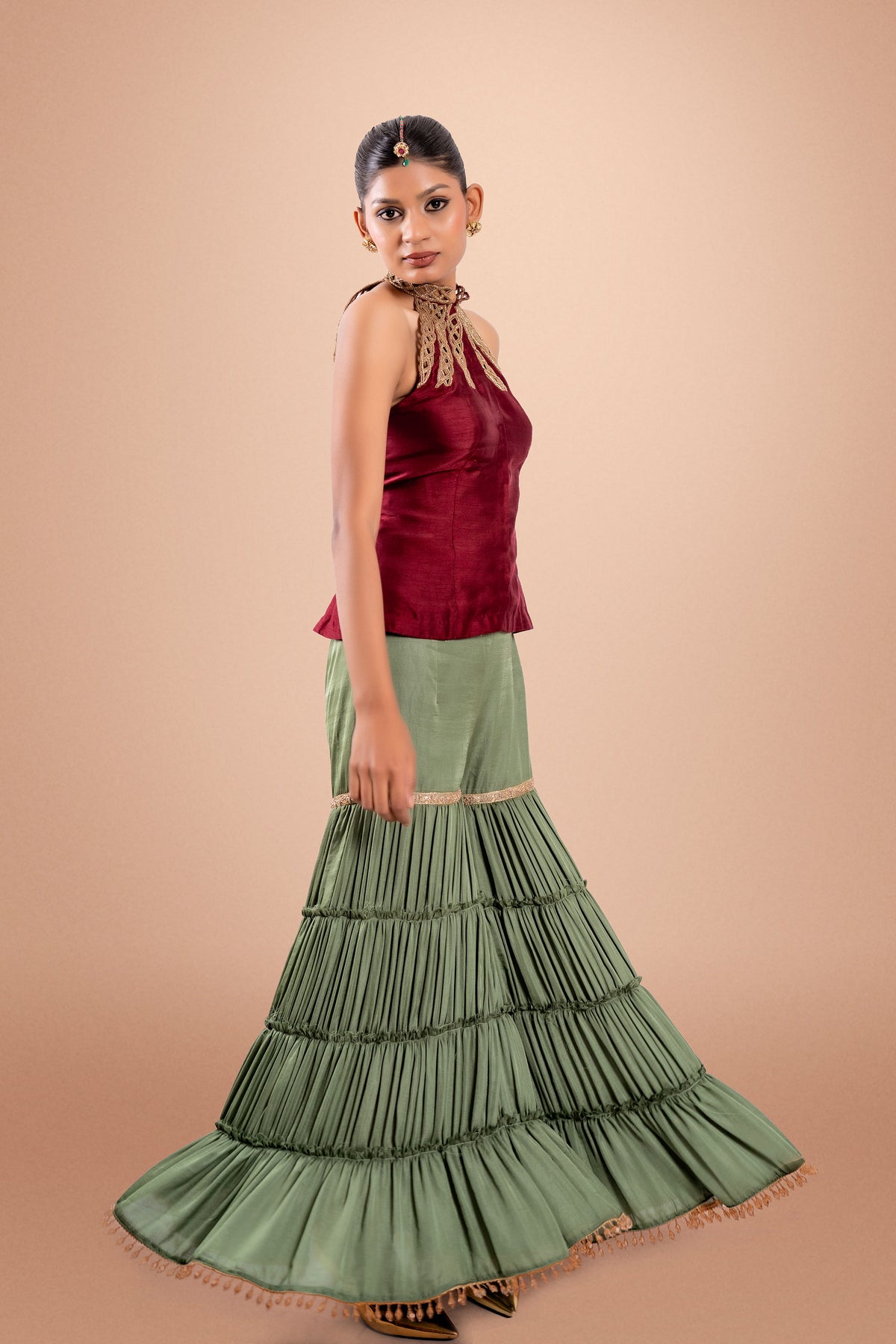Gramercy Maroon & Green Zardosi Cutwork Gharara Set