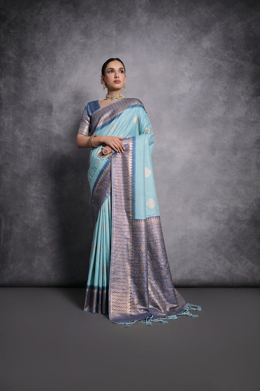 Firozi Vaishali Tussar Silk Zari Woven Saree