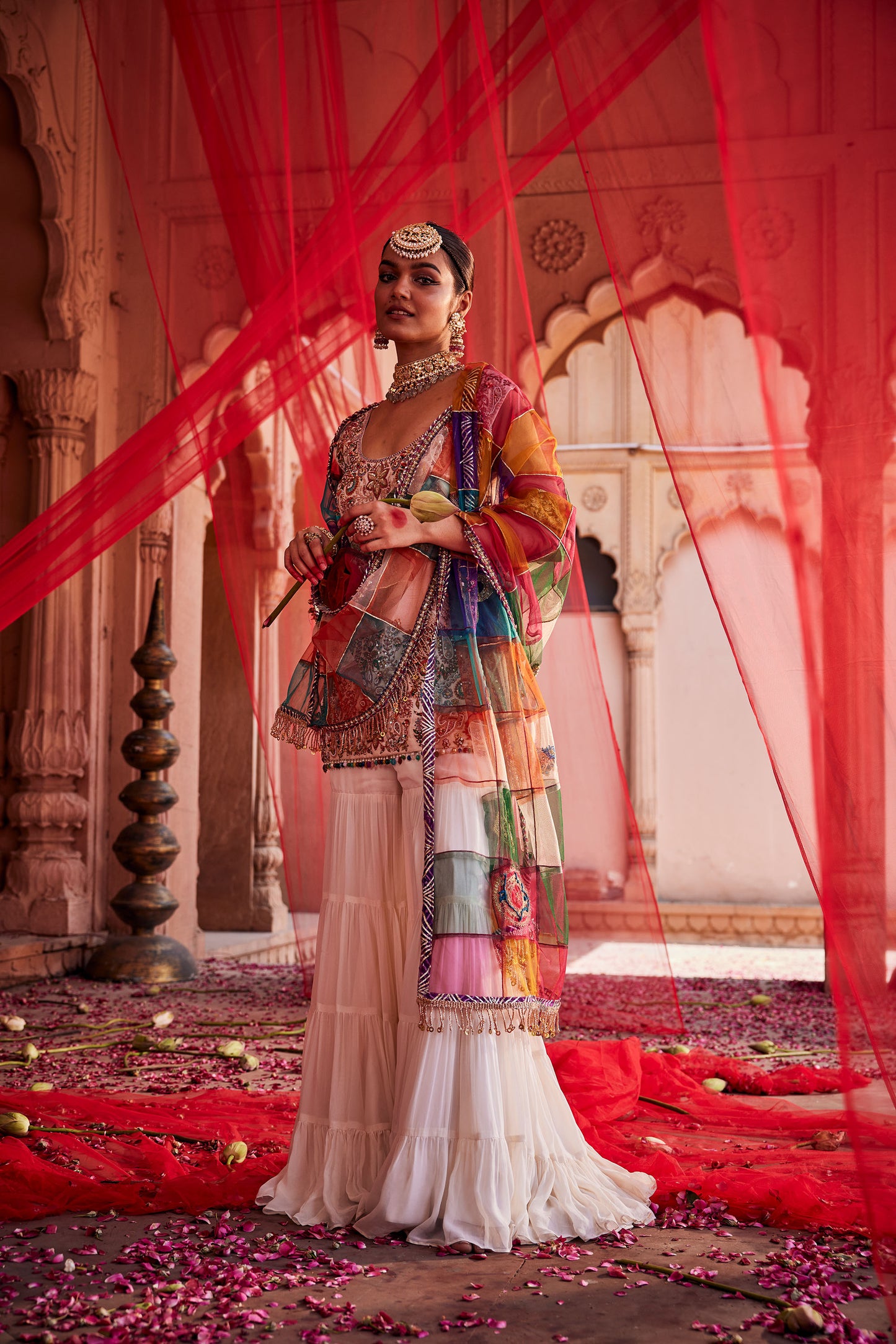 White Sharara Set with Paisley Pattern and Multi-color Dupatta