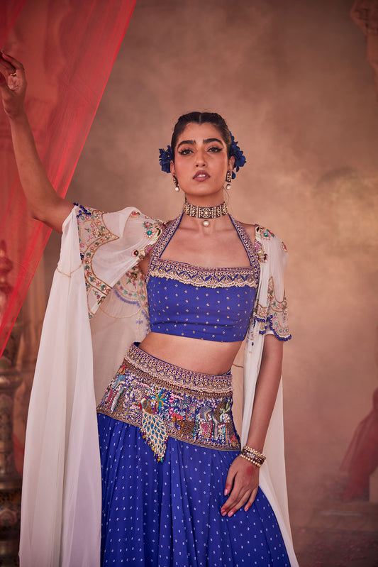 Royal Blue Lehenga & Bustier with Cape