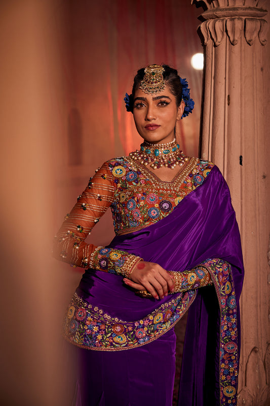 Roop Purple hand-embroidered drape saree