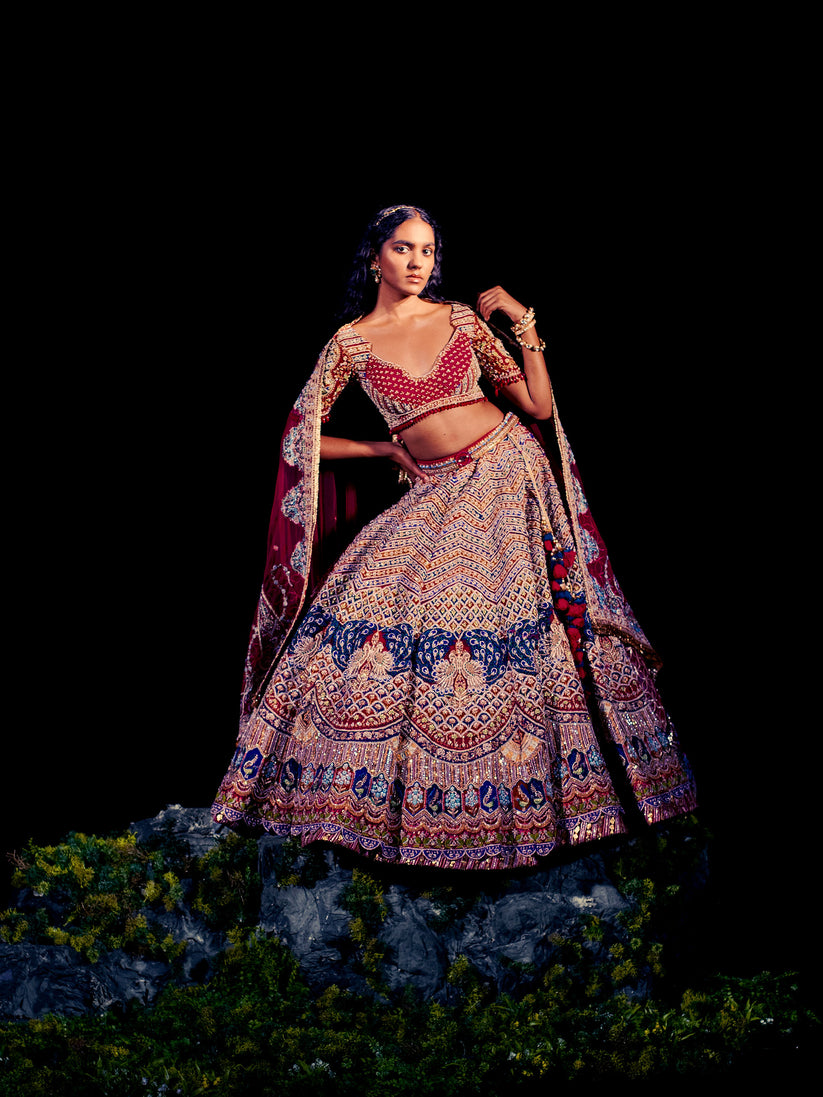 Rani Pink Aari Hand Embroidered Designer Bridal Lehenga