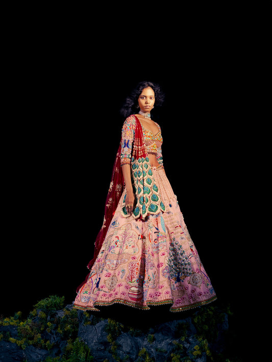 Vrinda Light Pink Aari Hand Embroidered Designer Bridal Lehenga