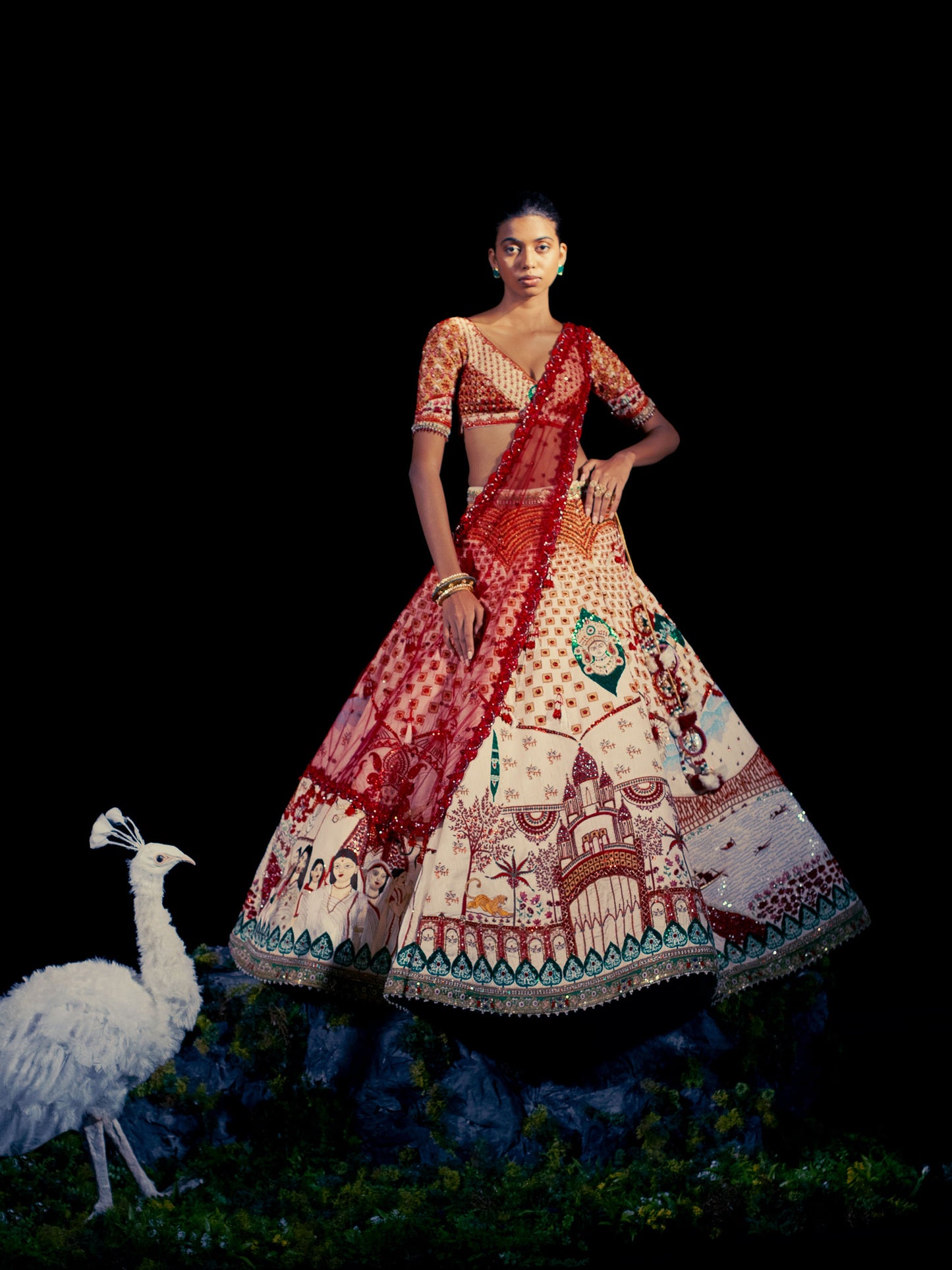 Ranjita Red & White Raw Silk Sequins Designer Bridal Lehenga