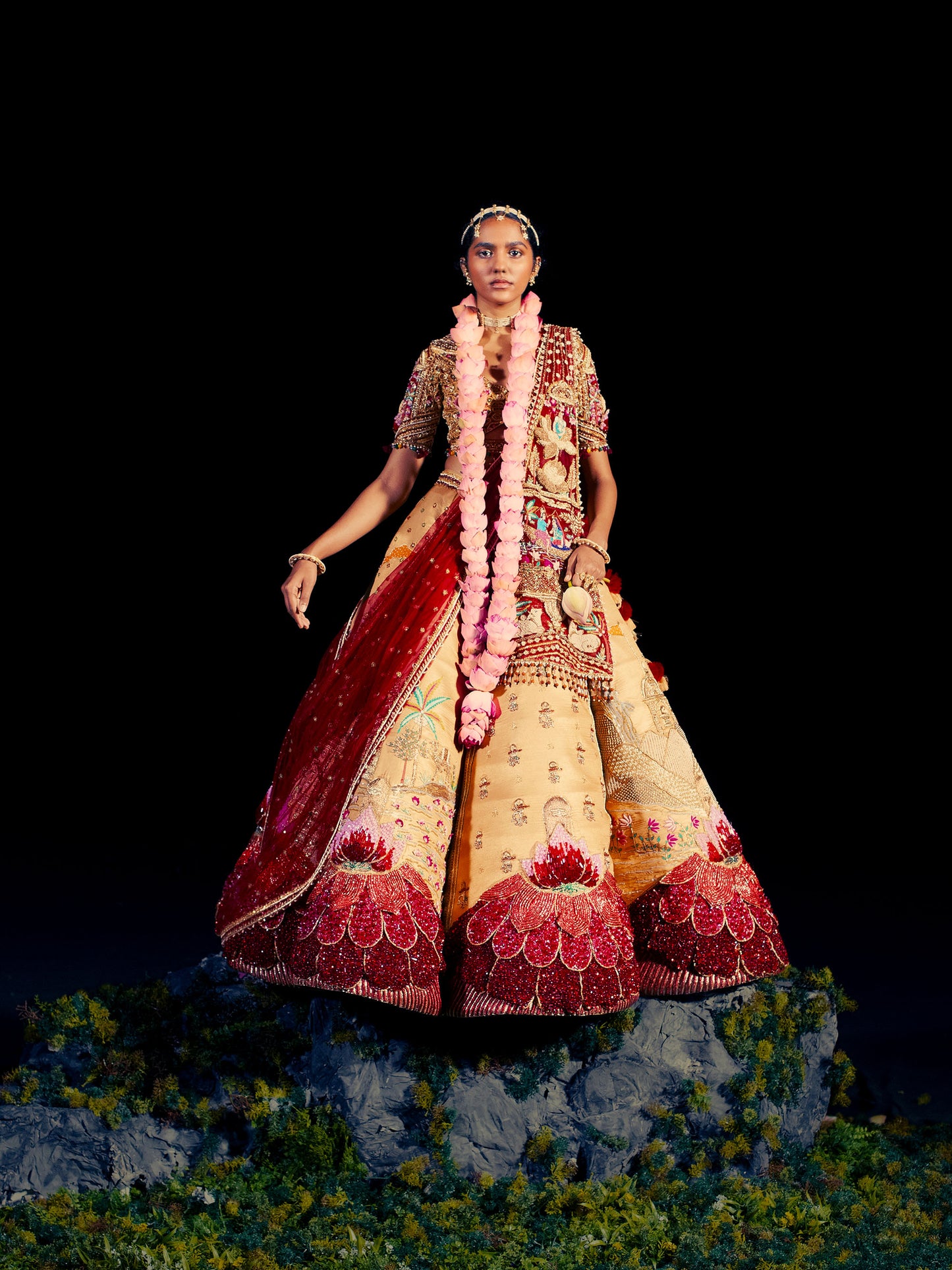 Shiva Golden & Red Raw Silk Zardosi Designer Traditional Bridal Lehenga