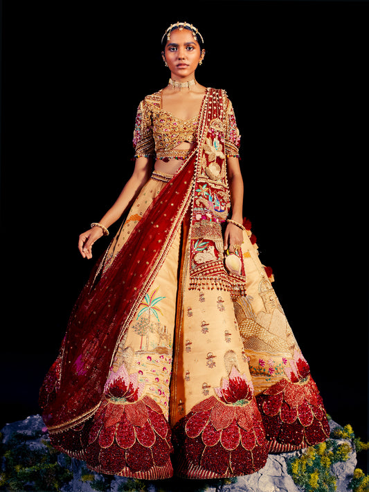 Shiva Golden & Red Raw Silk Zardosi Designer Traditional Bridal Lehenga