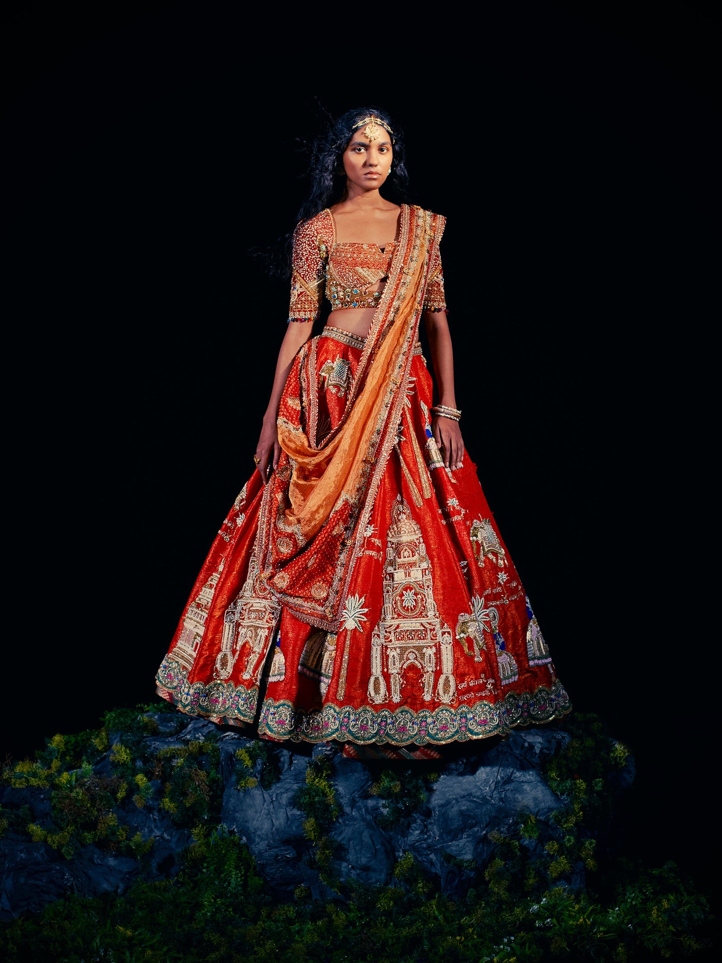 Mayura Rust Orange & Red Kanjivaram Silk Zardosi Designer Bridal Lehenga