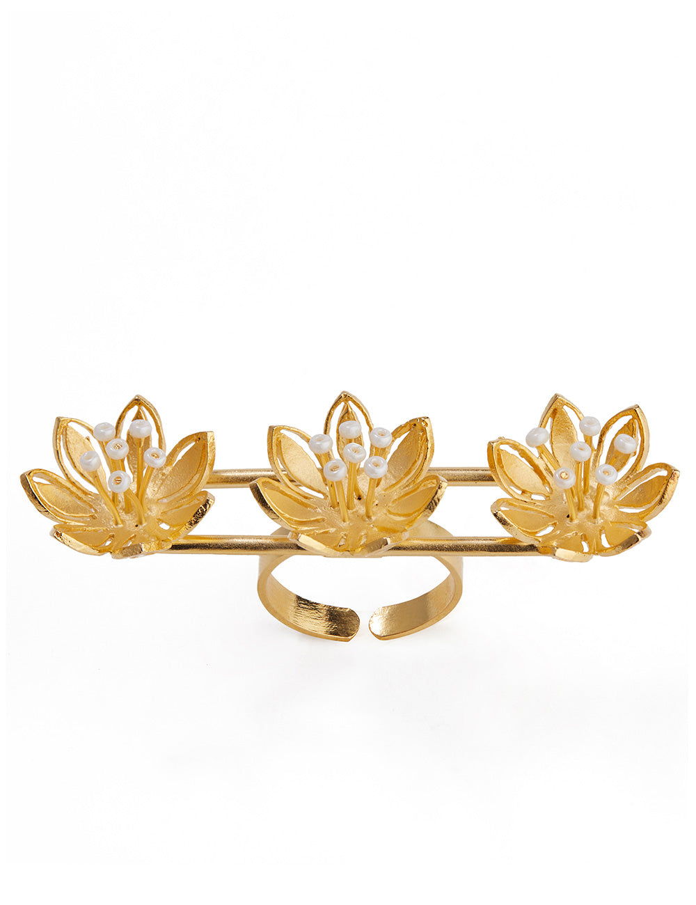 Pearly Golden Flower Three-Finger Ring