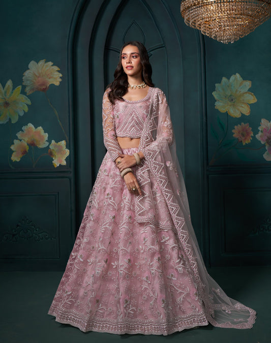 Dusty Pink Sequins & Cording Embroidered Net Sangeet Lehenga