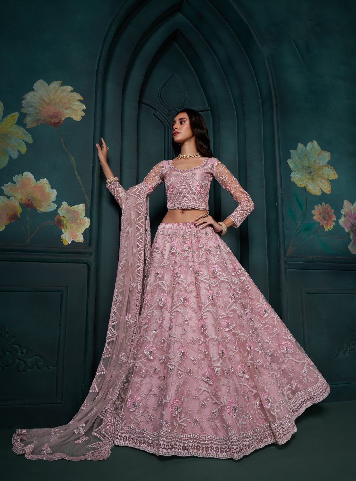 Dusty Pink Sequins & Cording Embroidered Net Sangeet Lehenga